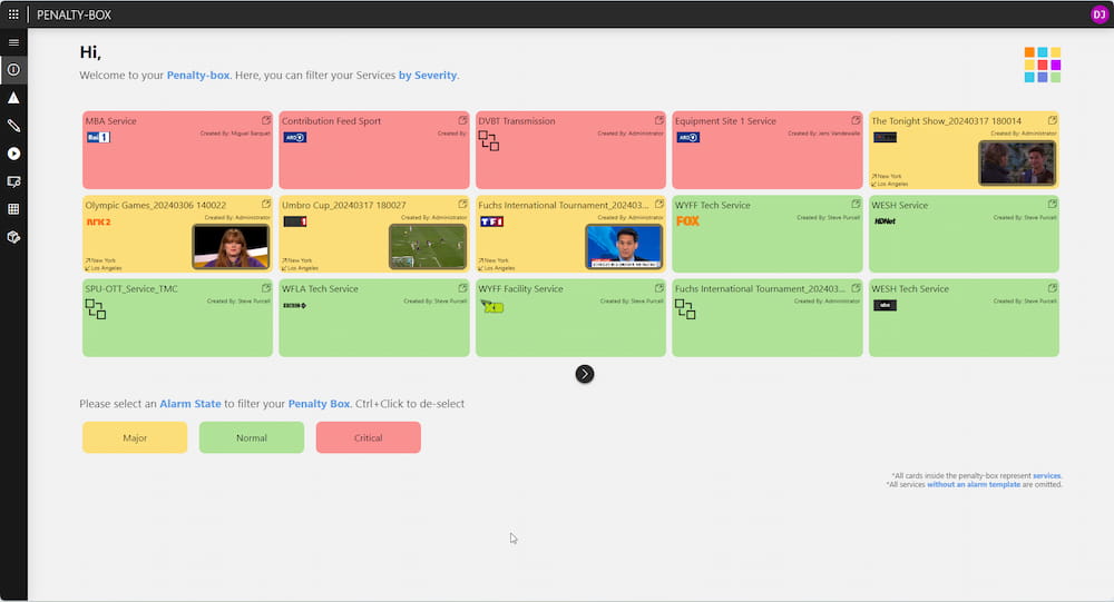 Screenshot of the DataMiner MediaOps Penalty Box application, displaying a different TV services filtered by severity